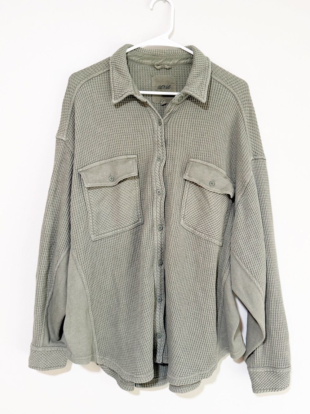 Aerie lumber jane waffle button down long sleeve olive green size large
